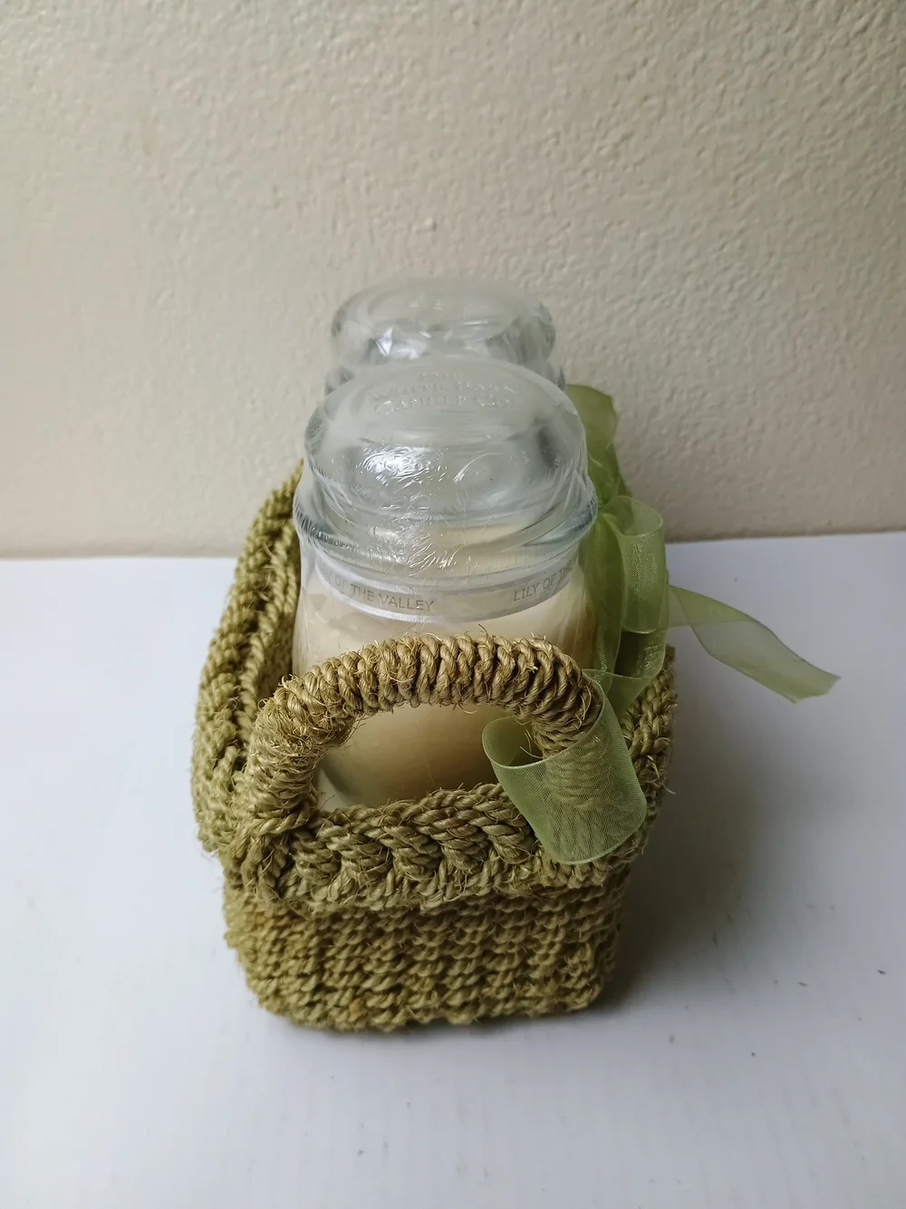 Green Woven Basket Gift Set with Two Cream Jar Candles - Pearberry Lily Of The V